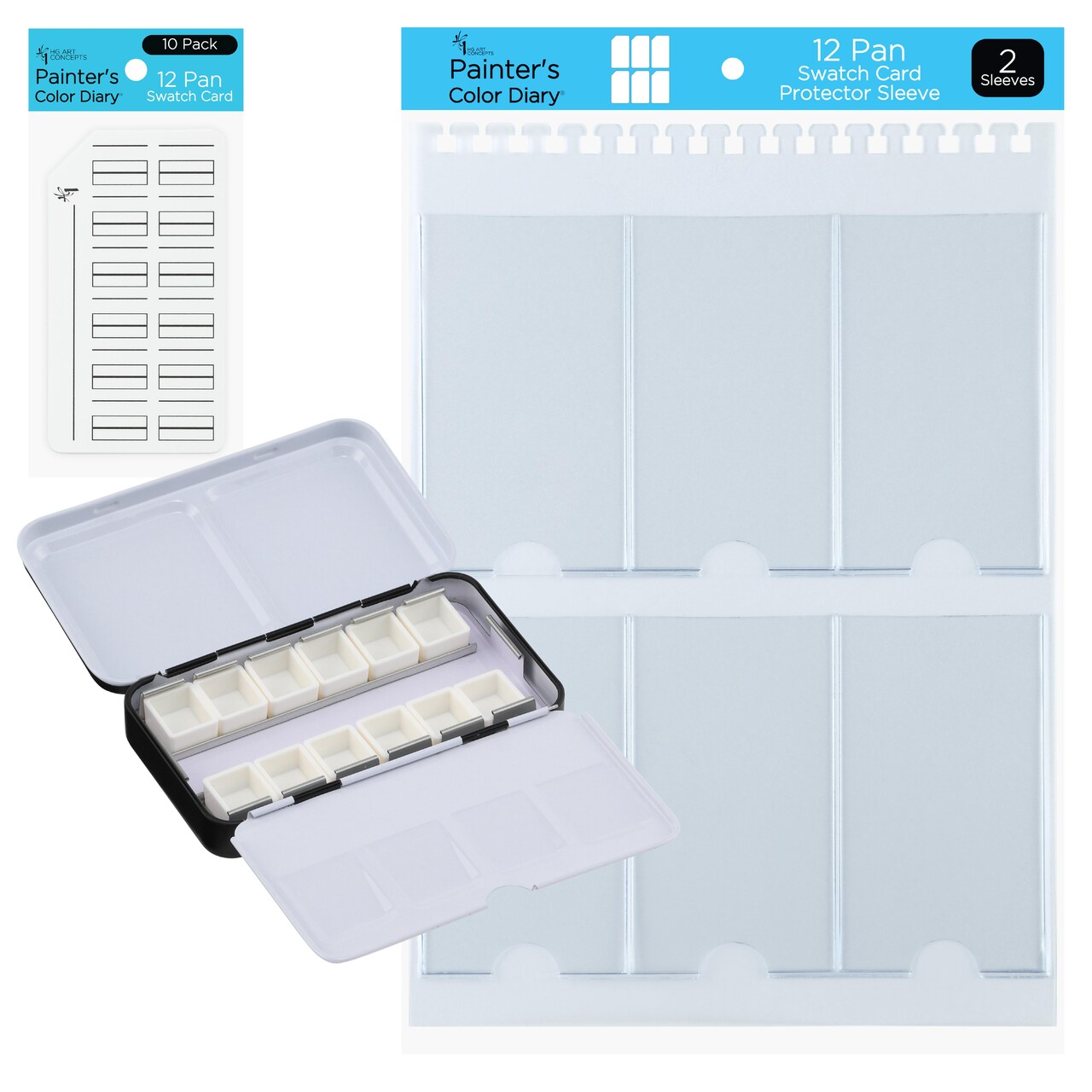 New York Central Watercolor Palette - 12 Empty Half Pans Boxes and Palette with 10 Watercolor Swatch Cards and 2 Swatch Card Sleeves